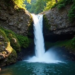 Fototapeta premium Serene waterfall cascading down a rocky slope, peaceful, serene