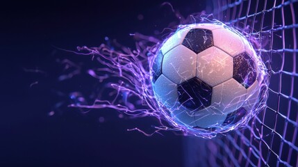 Fototapeta premium Explosive Soccer Ball Smashing Through Glowing Net in Dynamic Action Shot with Dramatic Electricity and Motion Blur Effects for High Energy Sports Concept