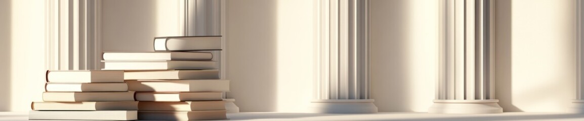 Stack of books in a classical architecture setting, illuminated by sunlight.