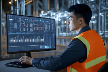 Fototapeta premium Industrial Engineer Monitors Production Line Data on Computer Screen in Factory Control Room