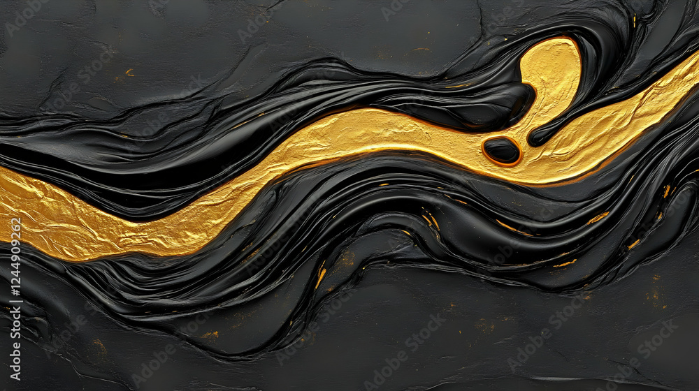 Poster abstract black and gold paint strokes flow dynamically across the canvas