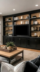 Modern Living Room Features a Black Entertainment Center with Open Shelving and Decor Accents.