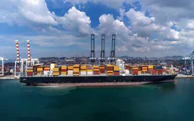 Aerial top view containers ship cargo business commercial logistic and transportation international...