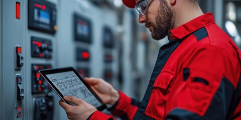 Technician using tablet in control room for monitoring