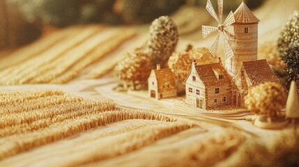 Obraz premium Miniature rural landscape with windmill, houses, and wheat fields.