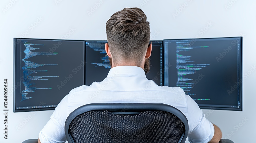 Wall mural person working on multiple monitors with lines of code