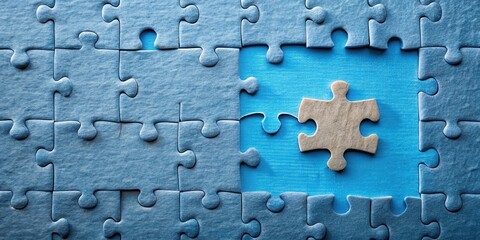 A single puzzle piece about to complete the almost finished jigsaw puzzle