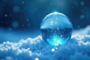 Sparkling blue crystal ball floats amidst swirling snowflakes on a serene blue background, glittering, frozen