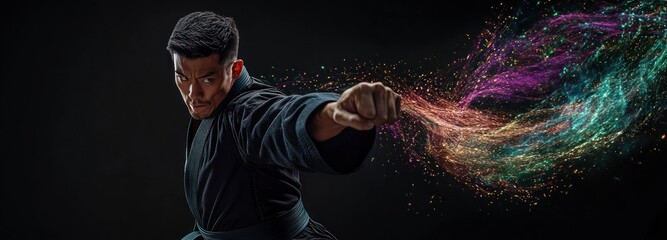 Martial artist in action, striking pose with vibrant energy trail.