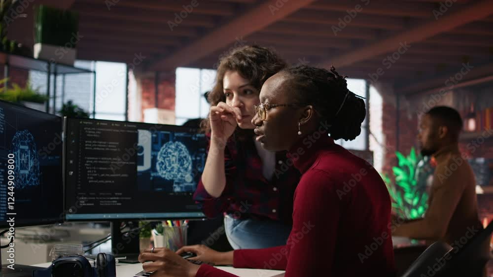 Poster teamworking engineers coding advanced ai algorithm and machine learning models enhancing automation.
