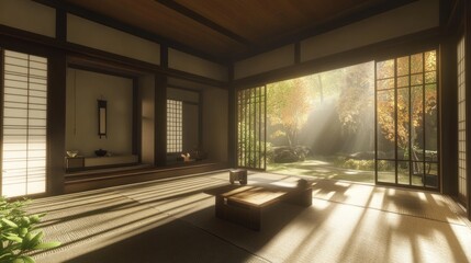 Fototapeta premium Sunlit minimalist Japanese room with autumn garden view.
