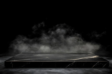 Black Marble Podium Displays Product with Smoke Gently Enveloping It Dramatically On Dark Backdrop.