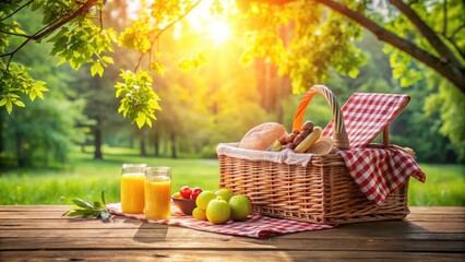 A sunny picnic basket scene with refreshing juice, fresh fruit, and baked goods on a wooden table in a park