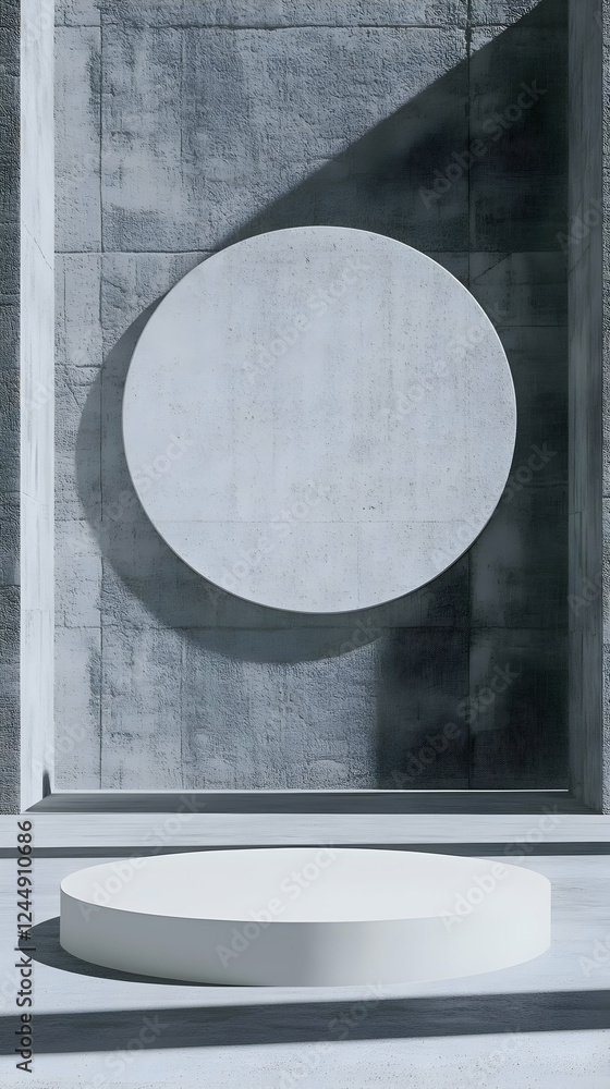Poster 3d rendering of white podium on concrete background with circular shape and natural sunlight