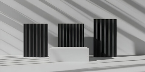 Obraz premium 3D Rendered Minimalist Scene with Black Panels and White Podium Display in Bright Studio Setting