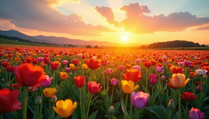 Obraz premium Sunset background with a field of colorful flowers swaying gently, flowers, kalidoscope
