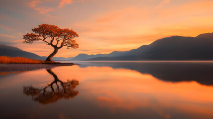 Fototapeta premium Solitary tree sunset lake reflection mountains