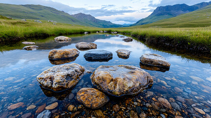 Mountain stream stones reflection landscape