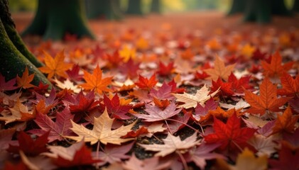 A carpet of brown and red maple leaves covering the ground, fallen leaves, forest floor