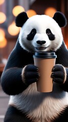 Naklejka premium Adorable panda holding a coffee cup in a vibrant urban setting, symbolizing humor, relaxation, and a love for coffee in a whimsical scene