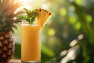 Refreshing pineapple juice, tropical setting, sunlight