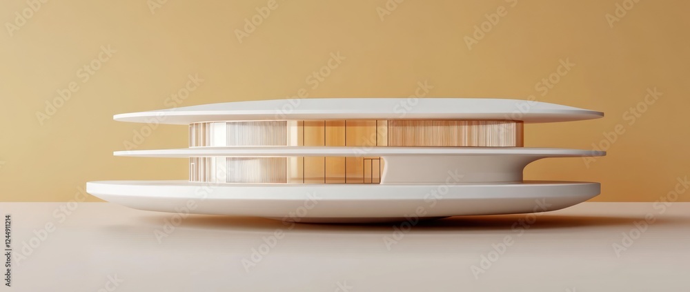 Poster futuristic minimalist two-story building rendering on pale background.