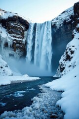 A frozen waterfall cascading down a snow-covered mountain, scenery, frozen waterfall, river