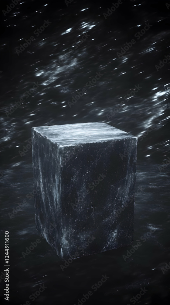 Poster dark empty scratched cube podium on wet floor with motion blurred background