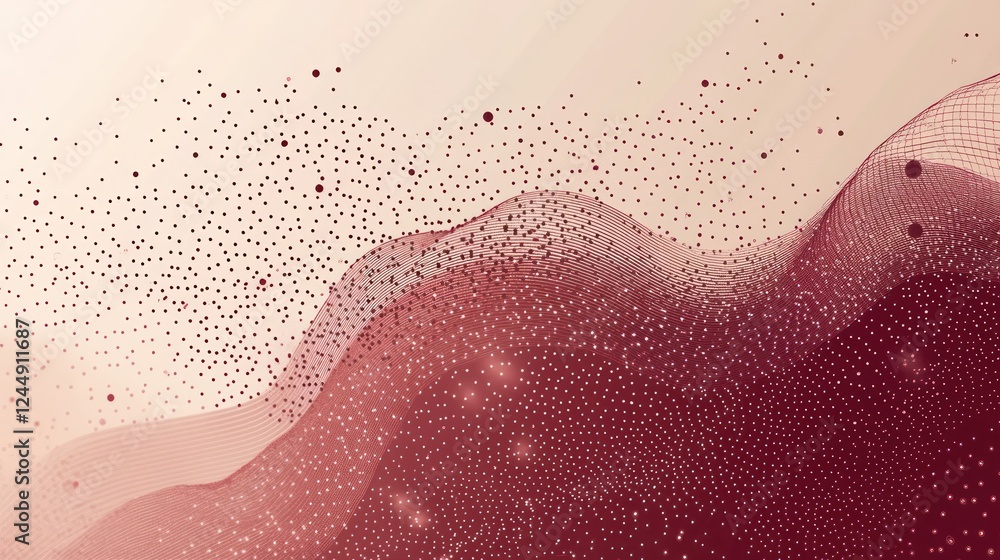 Poster abstract red wave with glittering particles.