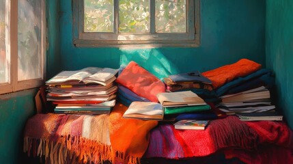 Cozy Reading Nook with Colorful Blankets and Books