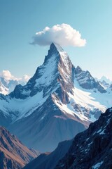 A lone cloud clings to the summit of a snow-capped mountain peak, mountain, snowy