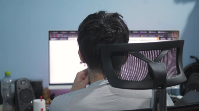 Hombre sentado frente a su monitor surfeando en la web.