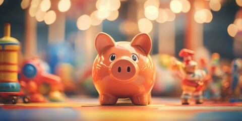 Obraz premium Orange piggy bank in focus, surrounded by blurred toys and lights.