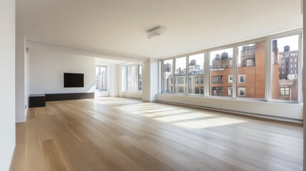 Fototapeta premium Sunlit empty modern apartment living room with hardwood floors and city view from large windows.
