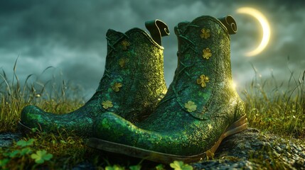 Fototapeta premium Enchanting Green Boots Adorned With Shamrocks Resting In Grass