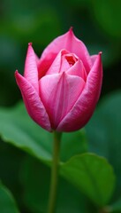 A pink flower unfolding on a large green leaf, , large leaf