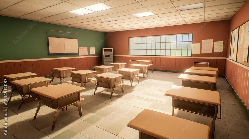 Aufkleber empty classroom shows desks and chairs neatly arranged in rows with sunlight streaming through