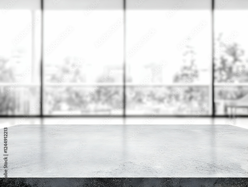 Poster empty concrete table top with blurred office window background for product placement