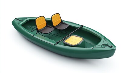Green tandem kayak with two seats and storage compartment isolated on white background.