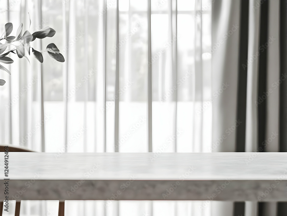 Poster empty white table top with blurred curtains background for product display elegantly and gracefully.