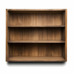 Empty Wooden Bookcase Shelves Isolated on a White Background, Ready for Display.