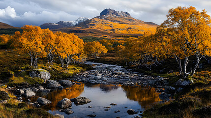 Obraz premium Autumnal Scottish Highlands stream, mountain reflection, travel poster