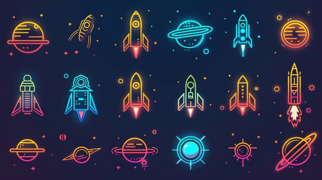 Colorful neon space rockets and planets icons set.