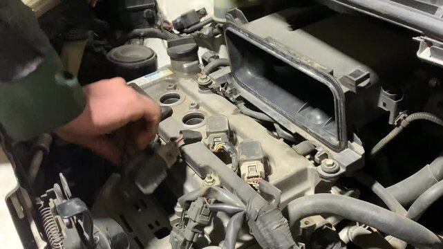 Car crash open hood car mechanic to check condition of damage