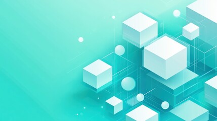 Abstract teal background with white cubes and lines.