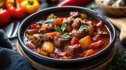 Delicious Hungarian Goulash Served in Black Bowl on Wooden Table