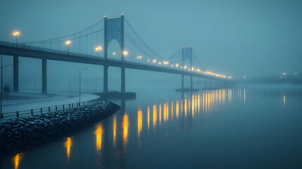 Obraz premium Foggy bridge, city lights reflecting, winter