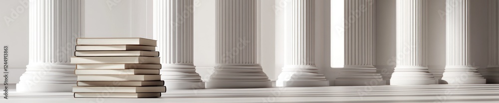 Poster stack of books near white columns in a classical building.