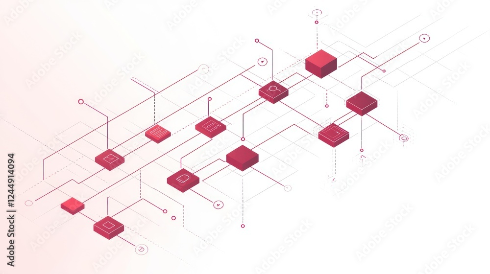 Poster abstract isometric network illustration of interconnected nodes and lines.
