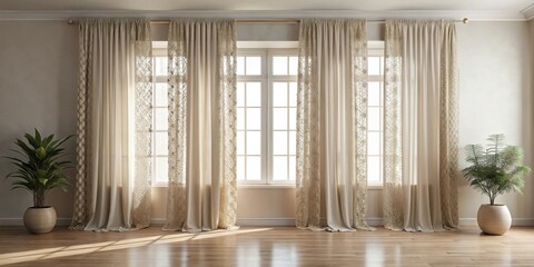Fototapeta premium Elegant beige curtains with lace panels, draping gracefully over large windows in a sunlit room, showcasing a sophisticated interior design with potted plants adding a touch of nature.